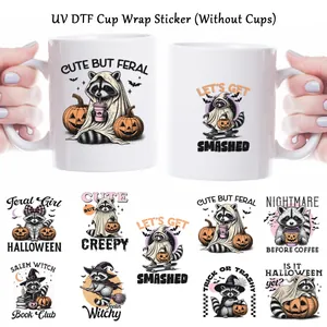 Halloween Raccoon UV DTF Transfer Stickers For Cups Waterproof Rub On Decals For Glass Tumblers Laptops Holiday Decor