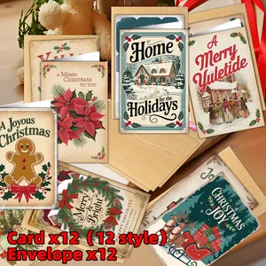 Detail of 12 vintage Christmas cards with kraft envelopes featuring festive designs