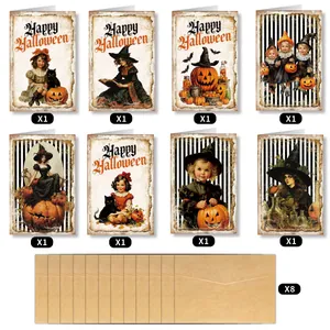 Set van 8 vintage Halloween-kaarten met zwarte katten, heksen en kraft-enveloppen