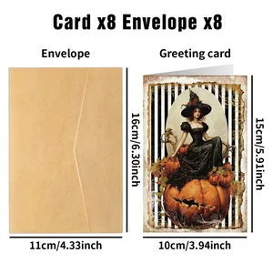 Set van 8 vintage Halloween-kaarten met heksenillustraties en kraft enveloppen