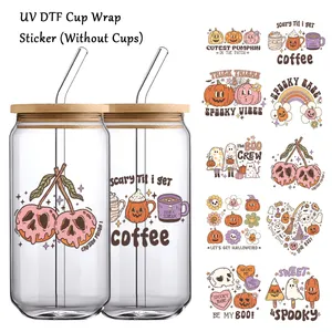 Halloween UV DTF Cup Wrap Transfer Stickers For Glass Cans Retro Spooky Ghost Pumpkin Skeleton Waterproof Decals For Drinkware Decoration