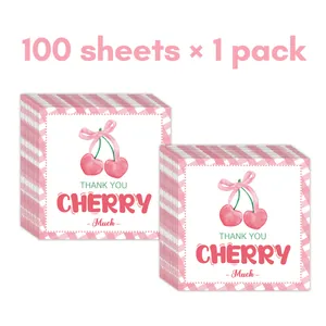 Close-up of 100 sweet cherry thank you cards with pink bows and checkered borders