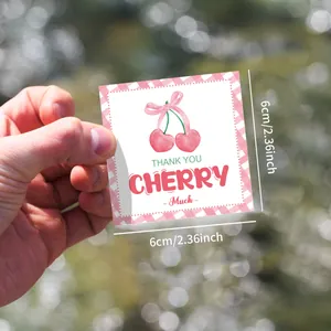6x6cm square cherry thank you labels with pink gingham borders for party favors