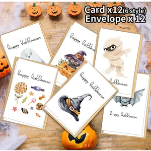 Set of 12 Halloween greeting cards with black cats and ghosts on rustic wood background