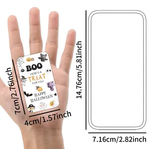Detailed size chart showing Halloween gift tags in small 7x4cm and large 14.76x7.16cm sizes