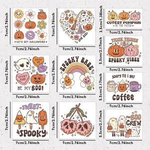 Detail view of vintage Halloween UV DTF stickers for 16oz cups with size measurements