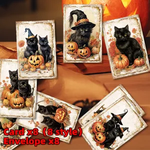 Set van 8 Halloween-kaarten met zwarte katten en pompoenontwerpen inclusief enveloppen