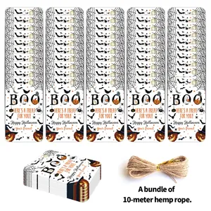 Halloween gift tags set featuring pumpkin and ghost designs with 10m natural hemp rope
