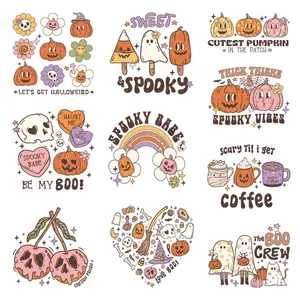 Detail of 9 vintage Halloween UV DTF stickers with pumpkins and spooky patterns