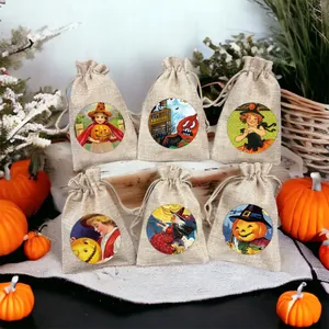 Sachets cadeaux Halloween en toile de jute avec motifs vintage citrouille et sorcière