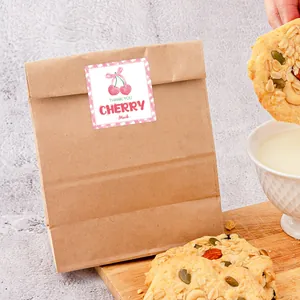 Square cherry thank you stickers on kraft bags for birthday party favors and gift sealing