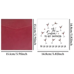 Funny Christmas card with martini icon and burgundy envelope, 15x15 cm square festive set