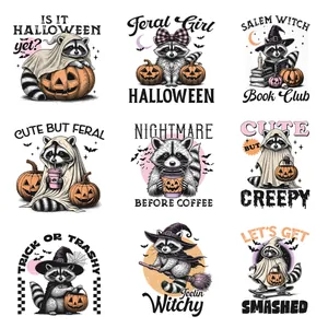 9 Halloween-Waschbär-UV-DTF-Aufkleber mit Hexe- und Geist-Motiven für Glas