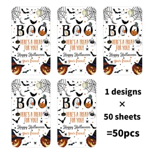 Pack of 50 Halloween paper gift tags with pumpkin ghost and bat designs for candy bags