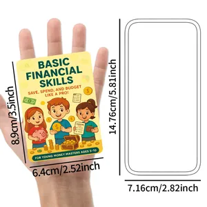Financial literacy flashcards for kids featuring cartoon money skills and size dimensions