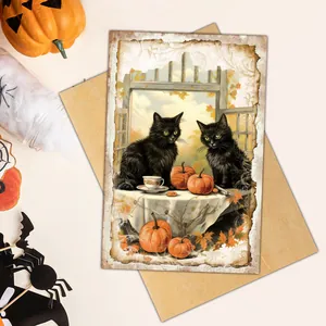 Vintage Halloween-kaart met zwarte kat en pompoen met een bruine kraftpapier envelop