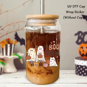 Halloween UV DTF transfer sticker with Boo Crew design for 16oz glass cans and mugs