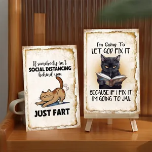 Deux plaques en bois avec chats drôles et jeux de mots pour décoration de maison