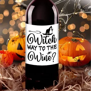 Autocollants bouteille vin Halloween avec texte 'Witch Way' et décor de citrouille