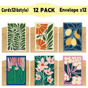Detailed set of 12 floral abstract thank you cards and kraft envelopes with modern art patterns