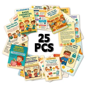 Set of 25 educational financial literacy cards for kids featuring colorful cartoon illustrations