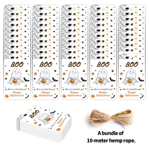 Halloween gift tags with cartoon ghost pumpkin motifs and 10-meter hemp rope bundle