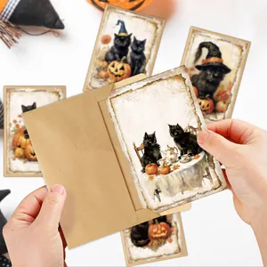 Vintage Halloween wenskaartenset met zwarte katten, pompoenen en kraftpapier enveloppen