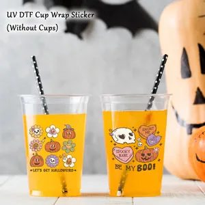 UV DTF Halloween wrap stickers for 16oz cups with pumpkin and ghost designs