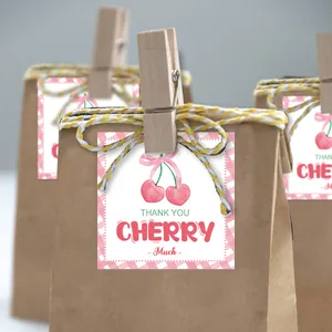 Sweet cherry thank you stickers on kraft paper gift bags with twin and mini wooden clips