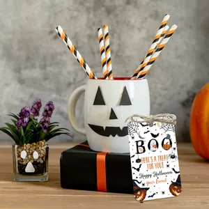 50pcs Halloween paper gift tags with twine featuring pumpkins, ghosts and bats