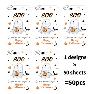 Detail of 50pcs Halloween gift tags with pumpkin and ghost designs for candy packaging