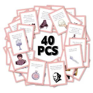Detailed spread of 40 Shakespeare trivia flashcards featuring literary illustrations