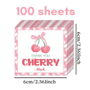 Detail of pink plaid cherry thank you stickers showing 6cm dimensions and 100 sheets