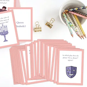 Shakespeare trivia flashcards set with pink borders and purple illustrations for parties