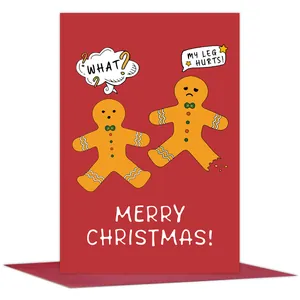 Funny gingerbread man Christmas card detail with broken leg illustration and humor