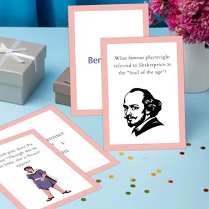 Educational literary trivia flashcards featuring Shakespeare portraits and famous quotes
