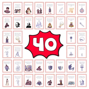 Set of 40 Shakespeare trivia flashcards with vintage illustrations for party games