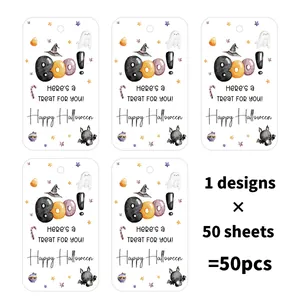 Detailed view of 50pcs Halloween paper gift tags with witch hat and ghost illustrations
