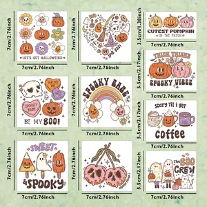 9-piece Halloween UV DTF stickers for 16oz cups featuring pumpkins and ghosts