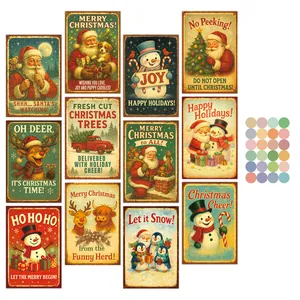 Vintage Christmas Postcards Retro Xmas Wall Decor Stickers With Glue Point Santa Reindeer Snowman Greeting Cards Home Decoration