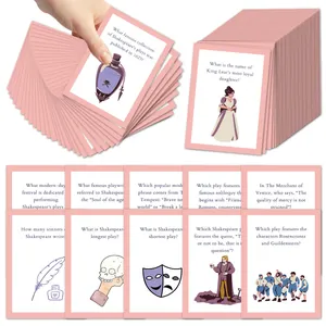 Shakespeare trivia flashcards set with pink borders featuring theater quiz questions