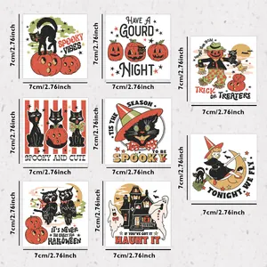 8er Set Halloween UV DTF Aufkleber mit Retro Kürbis und schwarzer Katze Motiven