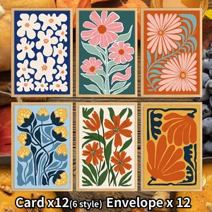 Detail of 12 floral thank you cards with 6 abstract vintage patterns and matching envelopes