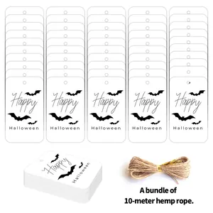 Detail of Halloween paper gift tags with black bats and 10-meter hemp rope bundle