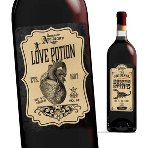 Autocollants de bouteille de vin de Noël Green Harpy Apothecary avec Potion d'Amour et Scorpion