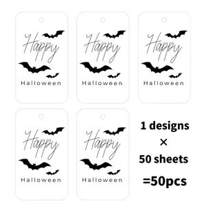 Detailed set of 50 white paper Halloween gift tags featuring black bats and Happy Halloween text