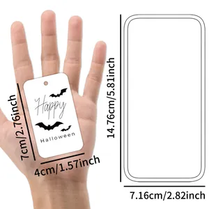 Detail showing Halloween bat tags with dimensions 7cm x 4cm for gift packaging