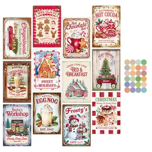 Flat lay of 12 vintage Christmas postcards with 32 colorful round adhesive stickers