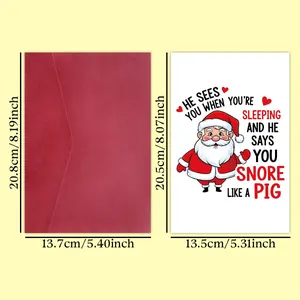 Funny Christmas card with Santa illustration and dimensions of card and red envelope