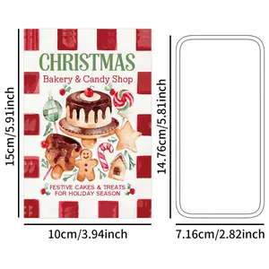 Detail showing vintage Christmas bakery postcard dimensions and watercolor dessert designs
